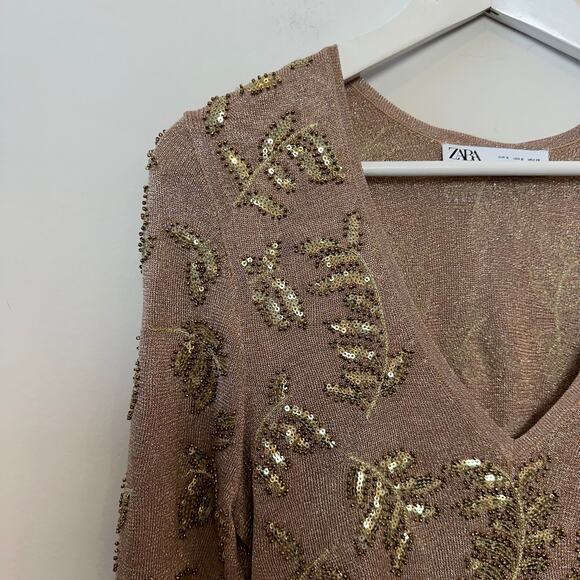 Zara Limited Edition Knit Mini Dress Gold Sequin Long Sleeve Knit Small - Picture 5 of 10